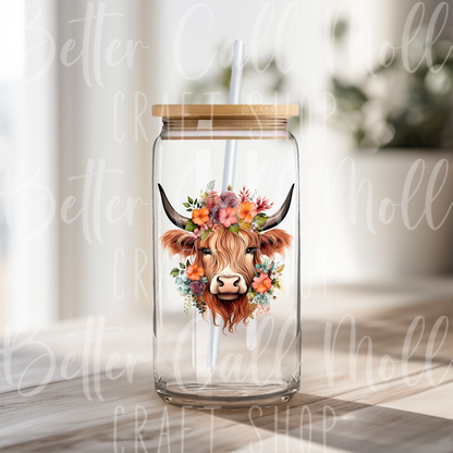 D160 - Highland Cow with Flowers UV DTF Decal