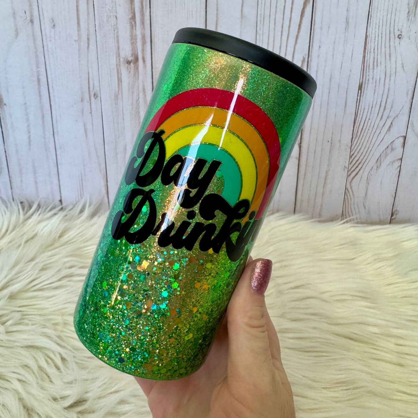 Day Drinkin' Glitter Insulated Stainless Steel Coated Slim Can Cooler