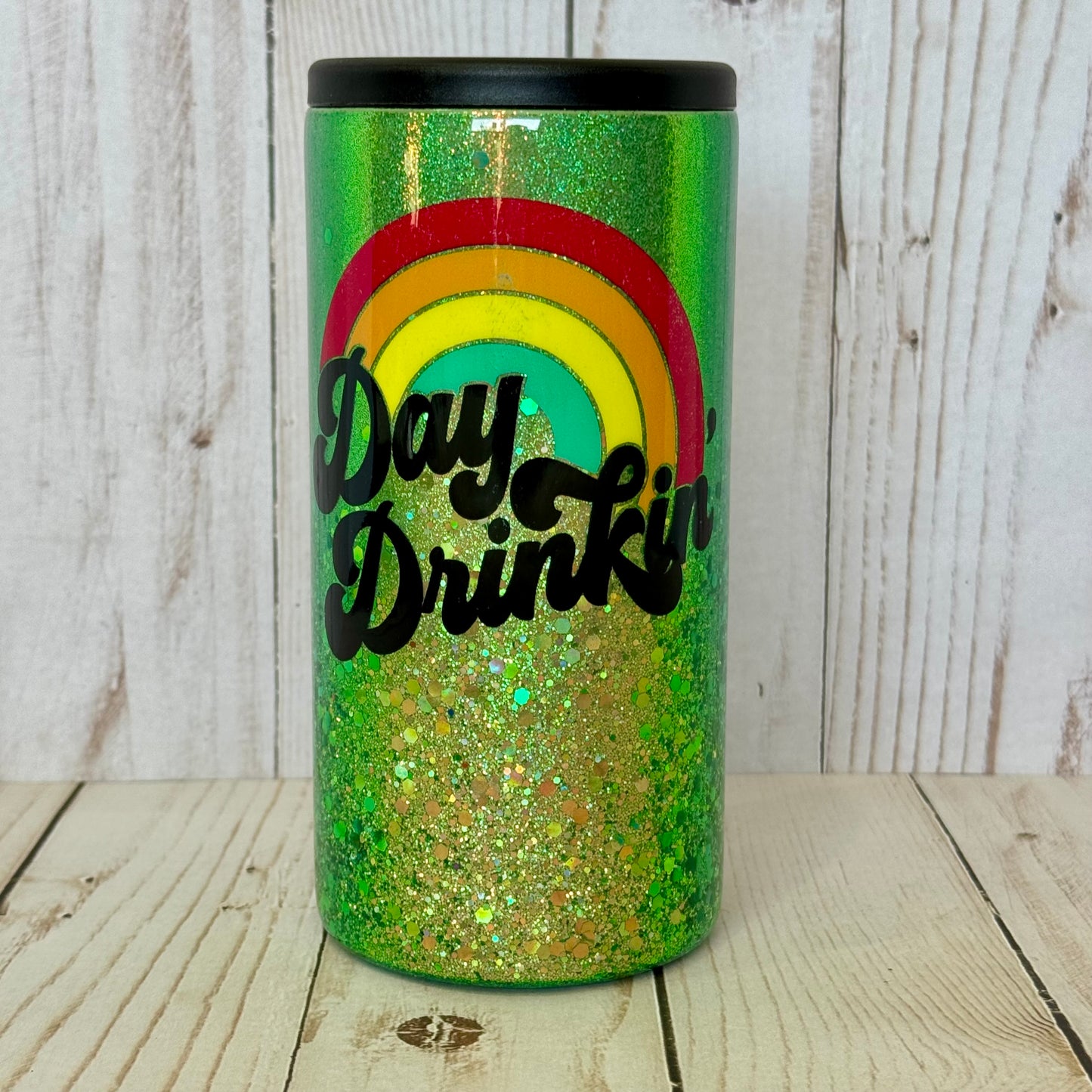 Day Drinkin' Glitter Insulated Stainless Steel Coated Slim Can Cooler