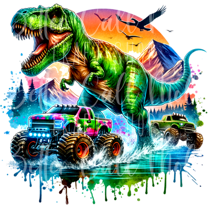 D001 - T-Rex and Monster Trucks UV DTF Decal