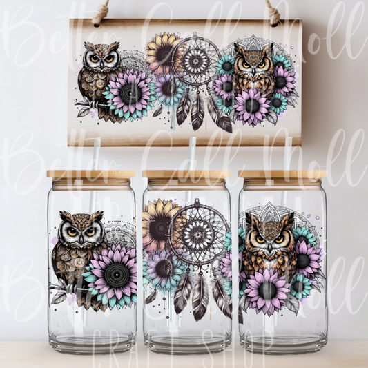 W037 - Dreamcatcher Owls and Florals UV DTF 16oz Tumbler Wrap