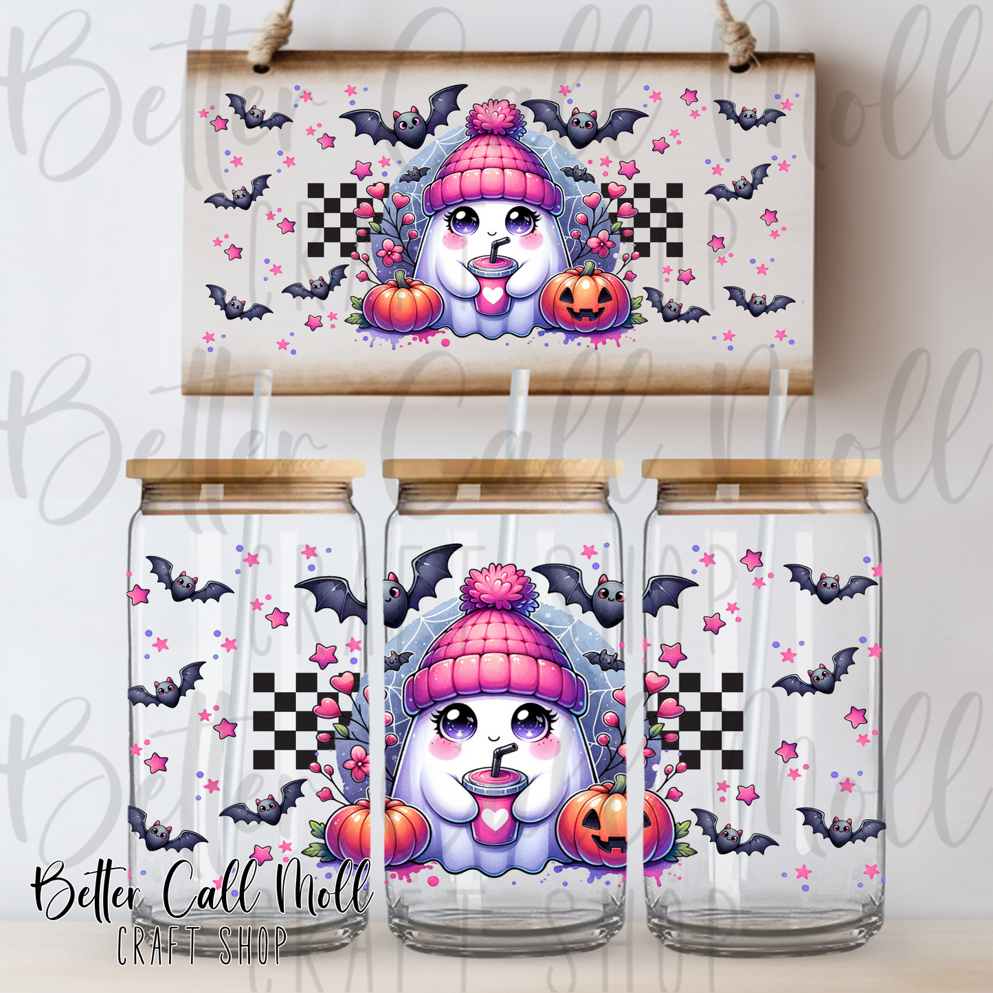 Cute Ghost and Bats UV DTF 16oz Tumbler Wrap