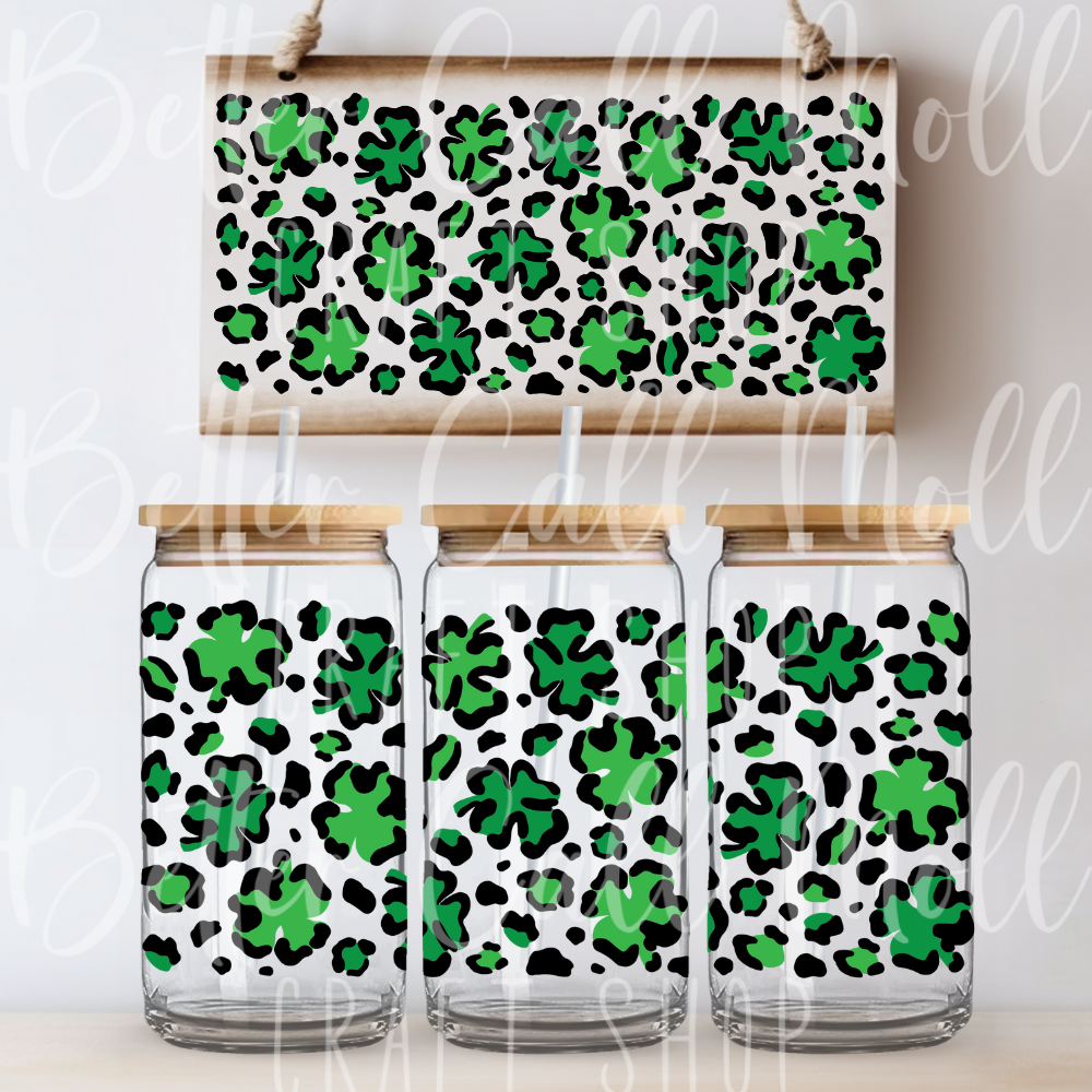 W113 - Leopard Print Shamrocks UV DTF 16oz Tumbler Wrap