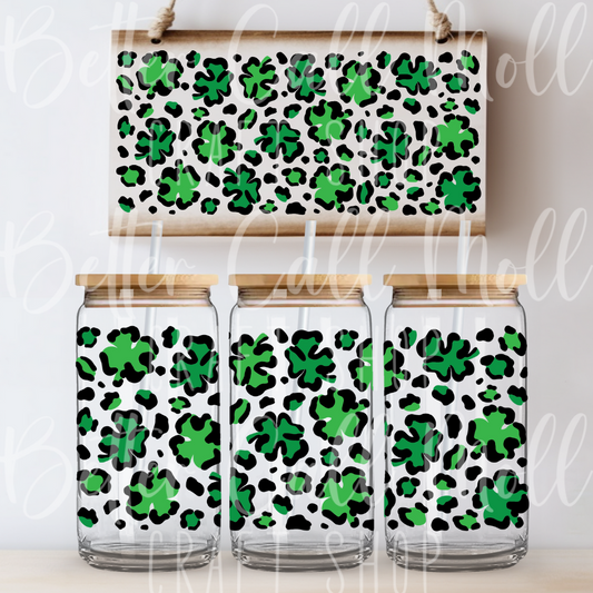 W113 - Leopard Print Shamrocks UV DTF 16oz Tumbler Wrap