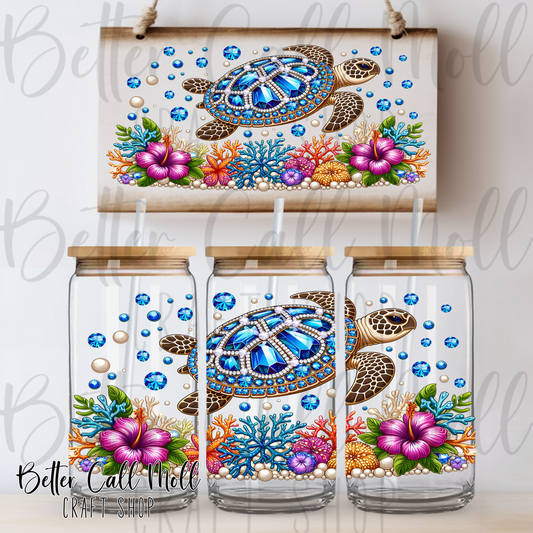 Rhinestone Sea Turtle UV DTF 16oz Tumbler Wrap