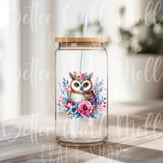 Pink and Blue Floral Owl UV DTF Decal