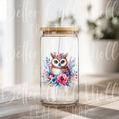 D039 - Pink and Blue Floral Owl UV DTF Decal