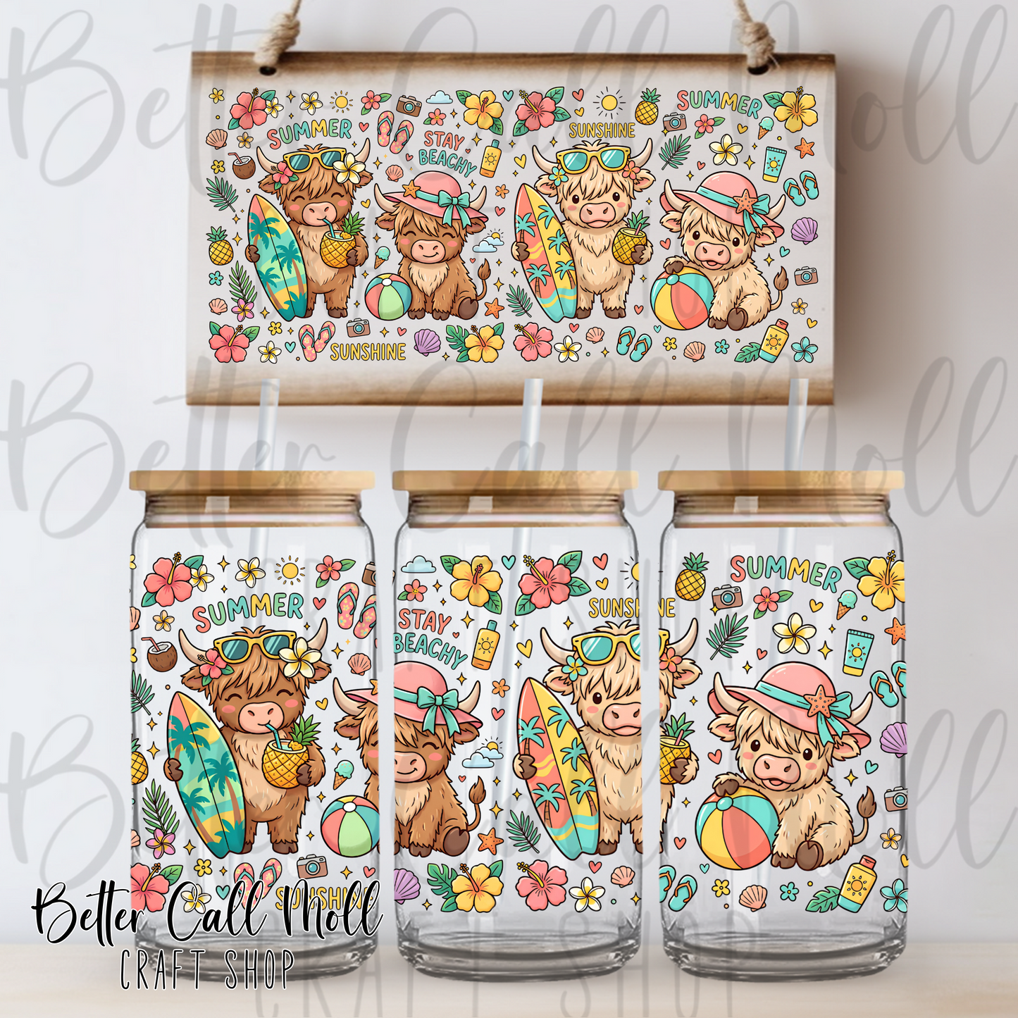Beachy Highland Cow UV DTF 16oz Tumbler Wrap