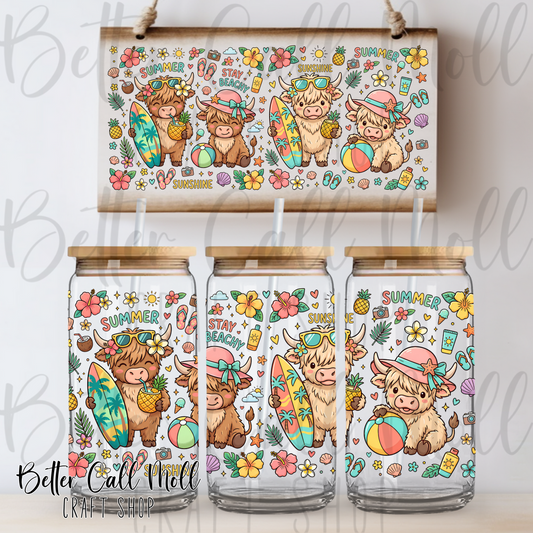 Beachy Highland Cow UV DTF 16oz Tumbler Wrap