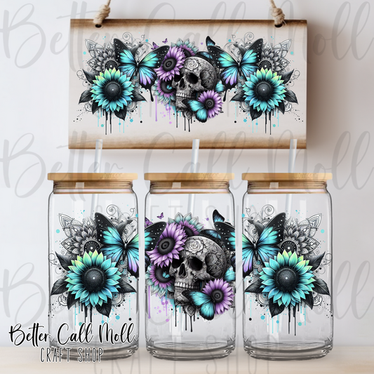 Skull and Floral Drips UV DTF 16oz Tumbler Wrap