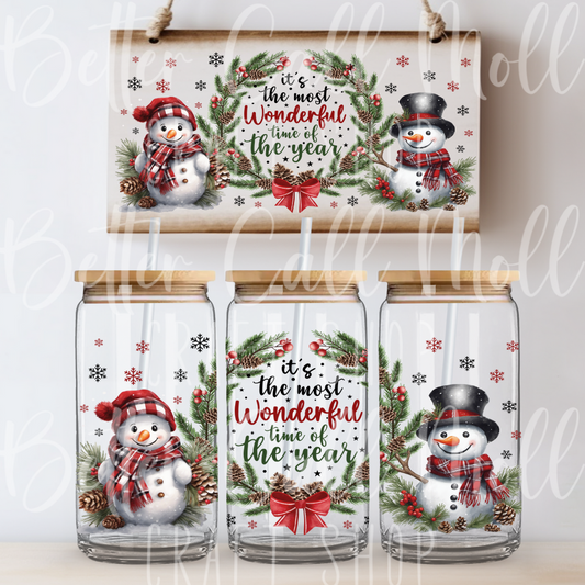 W119 - It's the Most Wonderful Time Snowmen UV DTF 16oz Tumbler Wrap