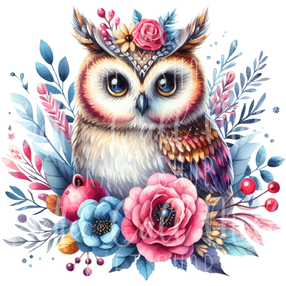 D039 - Pink and Blue Floral Owl UV DTF Decal