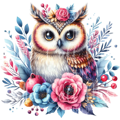 Pink and Blue Floral Owl UV DTF Decal