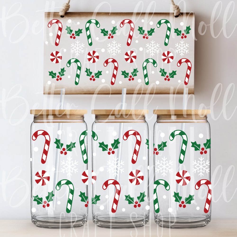 *CLEARANCE* W113 - Candy Canes UV DTF 16oz Tumbler Wrap