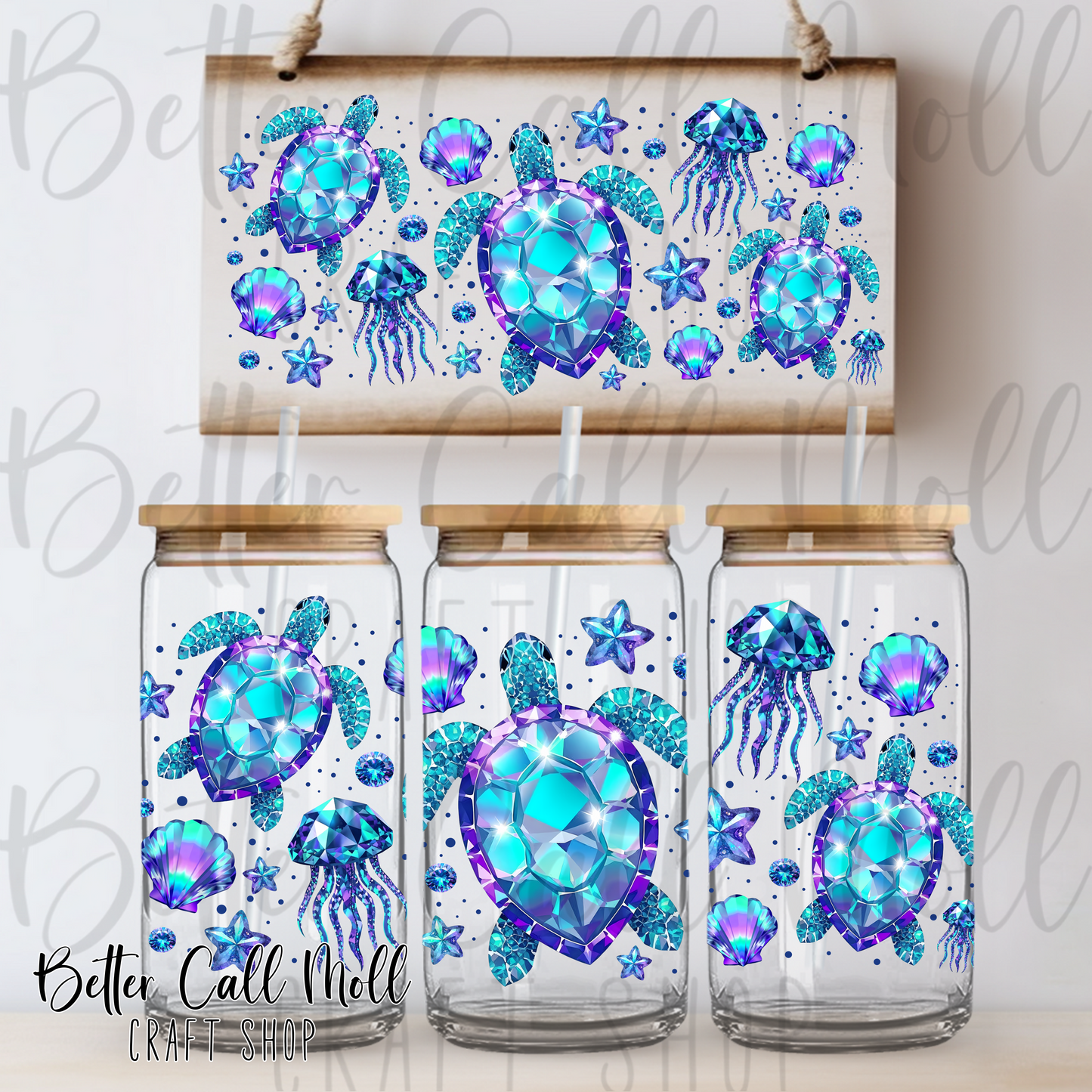 Teal and Purple Jewel Sea Turtles UV DTF 16oz Tumbler Wrap