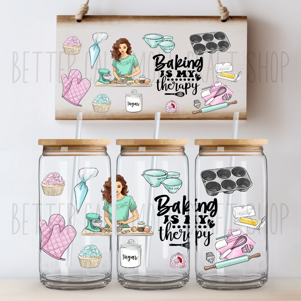 Baking Is My Therapy UV DTF 16oz Glass Tumbler Wrap