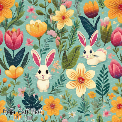 Bunnies and Florals Digital Seamless Pattern