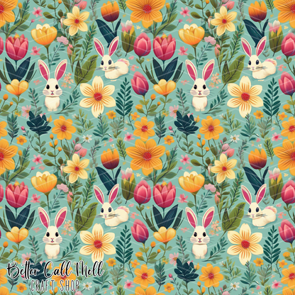 Bunnies and Florals Digital Seamless Pattern