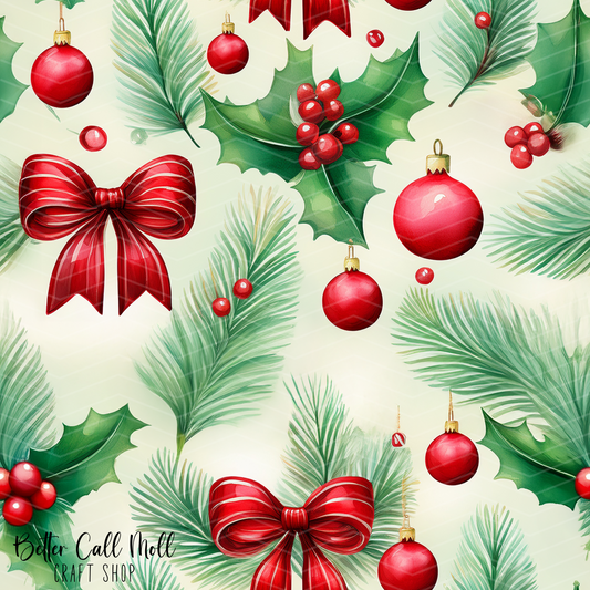 Christmas Bows and Leaves Digital Seamless Pattern
