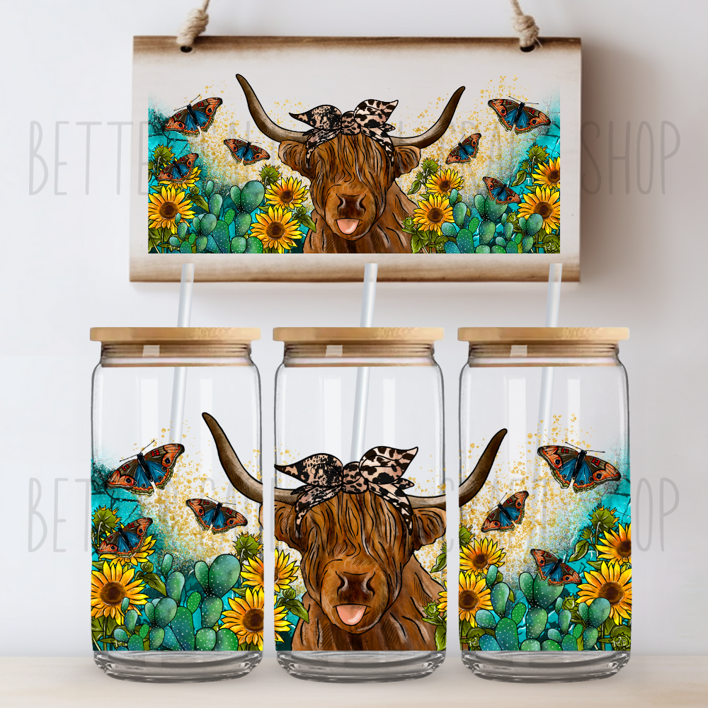 Highland Cow with Butterflies UV DTF 16oz Glass Tumbler Wrap