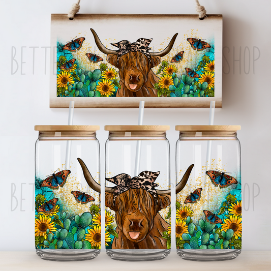 Highland Cow with Butterflies UV DTF 16oz Tumbler Wrap