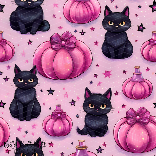 Pink Pumpkins and Black Cats 1 Digital Seamless Pattern