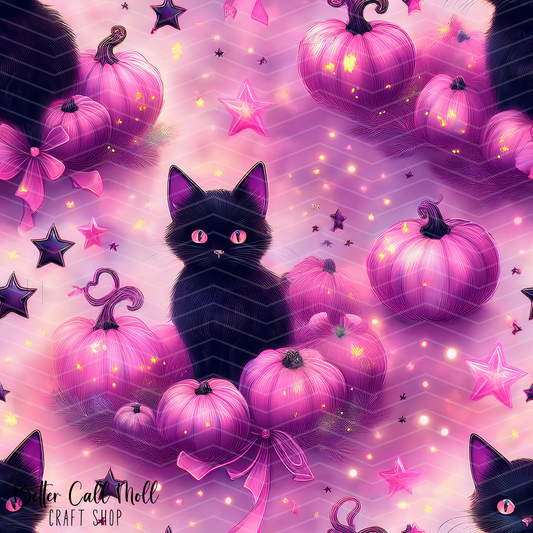 Pink Pumpkins and Black Cats 2 Digital Seamless Pattern
