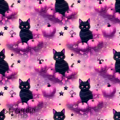 Pink Pumpkins and Black Cats 2 Digital Seamless Pattern