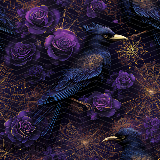 Spooky Floral Ravens Digital Seamless Pattern