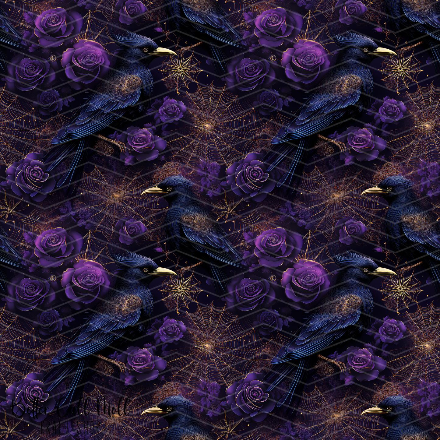 Spooky Floral Ravens Digital Seamless Pattern
