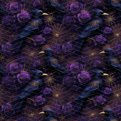 Spooky Floral Ravens Digital Seamless Pattern