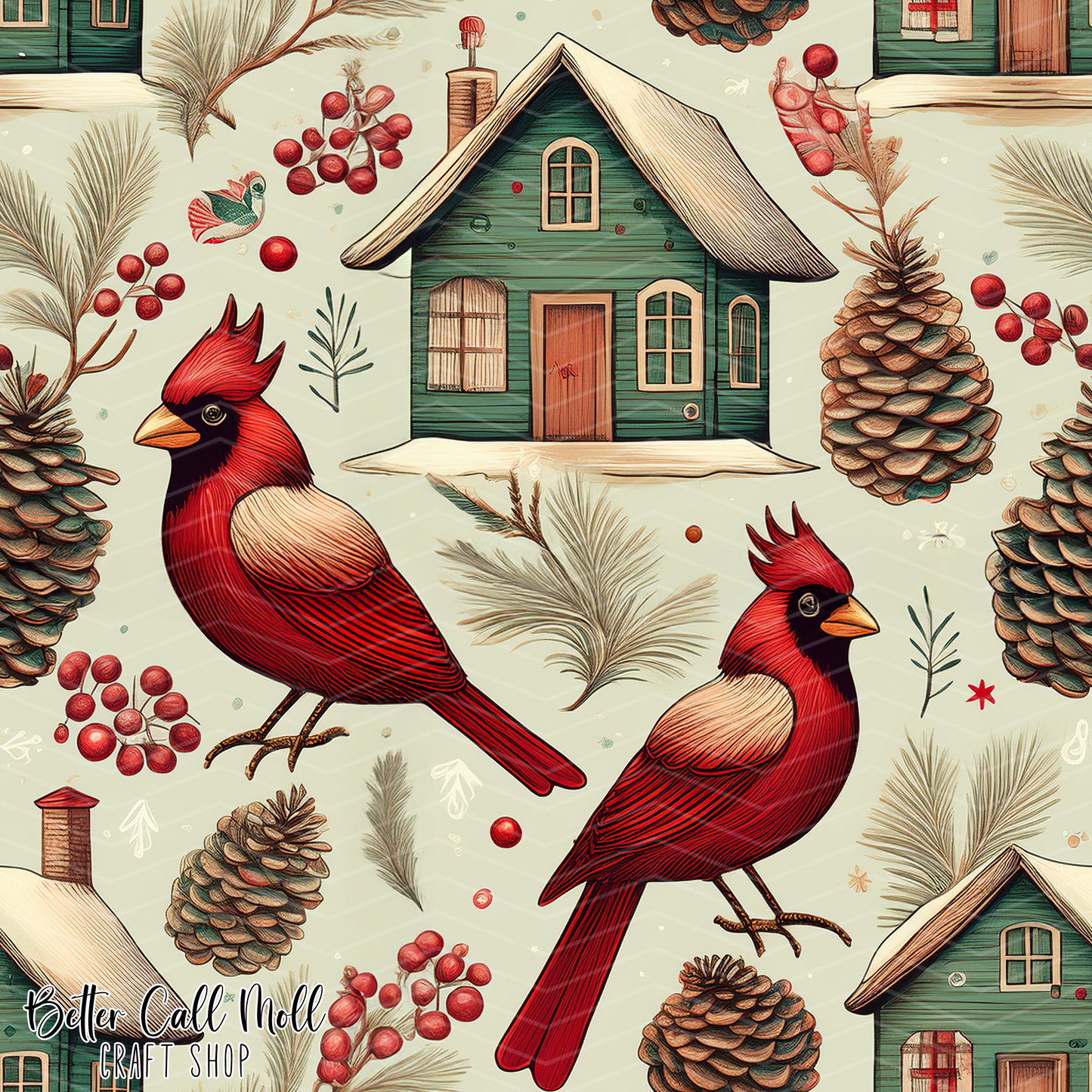 Winter Cardinals Digital Seamless Pattern