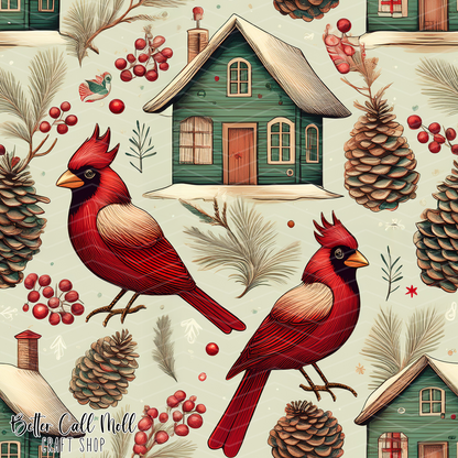 Winter Cardinals Digital Seamless Pattern
