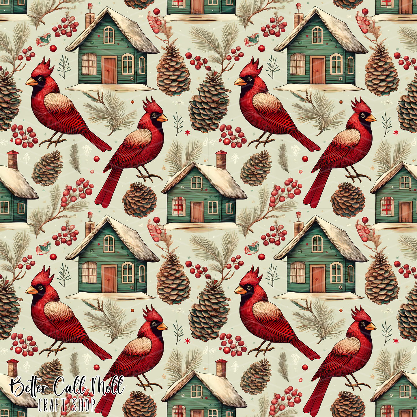 Winter Cardinals Digital Seamless Pattern