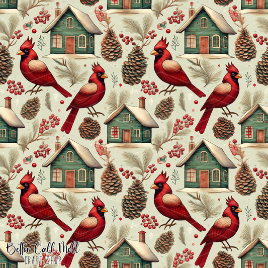 Winter Cardinals Digital Seamless Pattern
