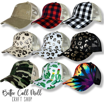 Ponytail Hat – Blank Mesh Back Cap for Hat Patches | Multiple Styles Available