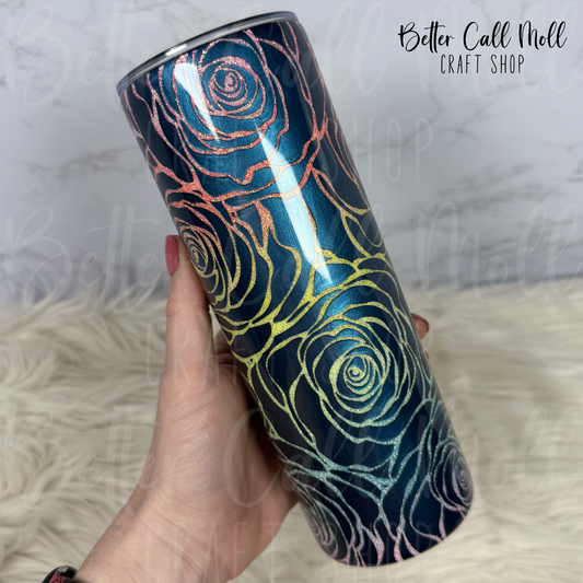20oz Rainbow Flowers Peekaboo Glitter Insulated Stainless Steel Coated Tumbler