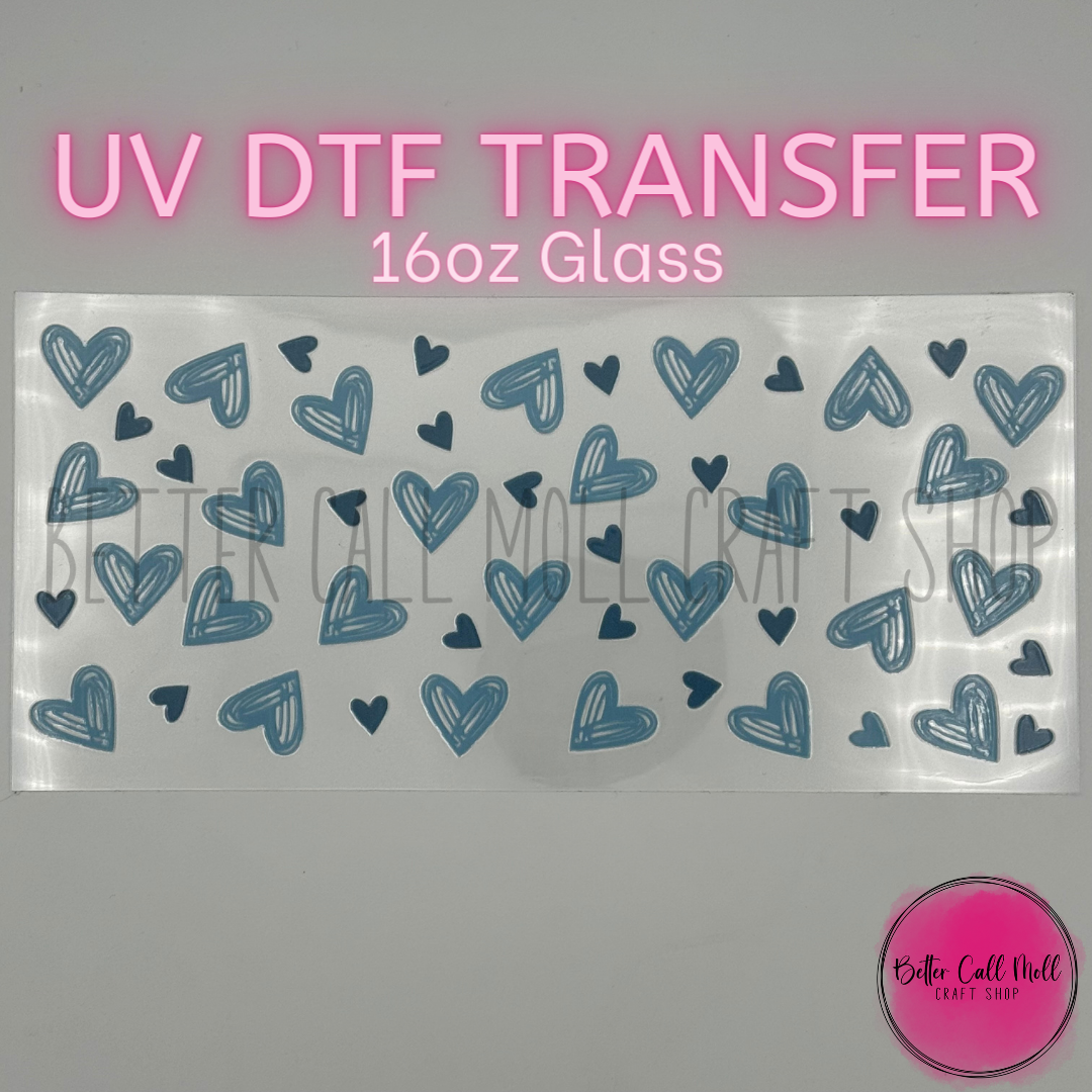 Blue Hearts UV DTF 16oz Glass Tumbler Wrap