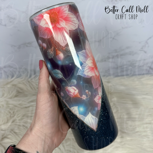30oz Floral V-Split Glitter Insulated Stainless Steel Coated Tumbler