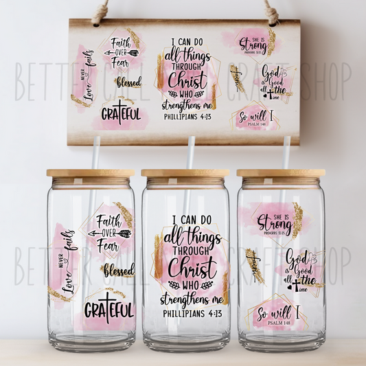 I Can Do All Things UV DTF 16oz Glass Tumbler Wrap