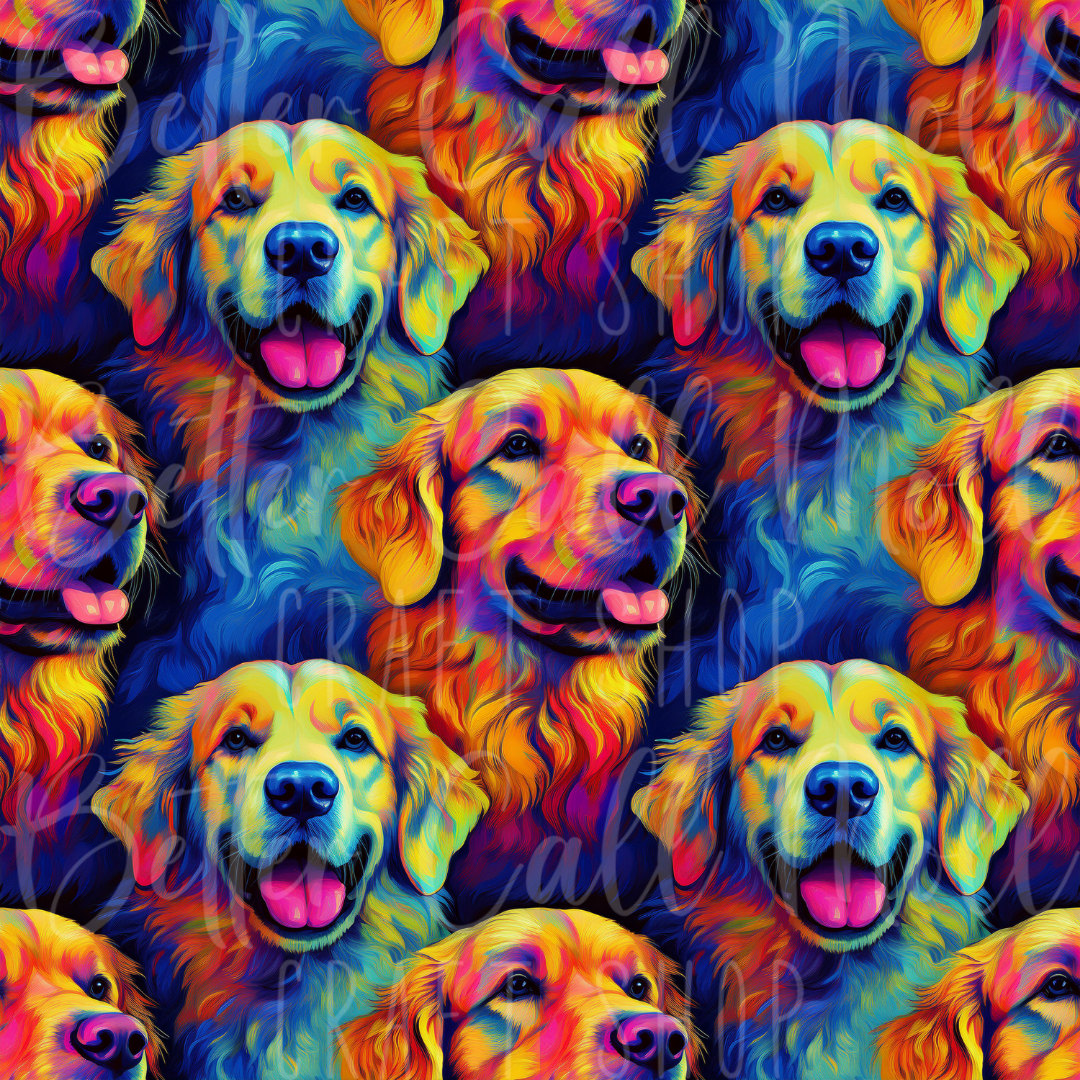 Colorful Golden Retriever Seamless Pattern PNG