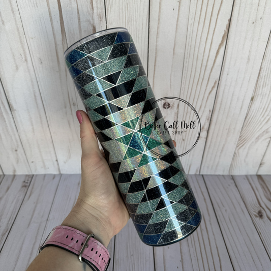 30oz Blue and Silver Southwestern Glitter Insulated Stainless Steel Coated Tumbler
