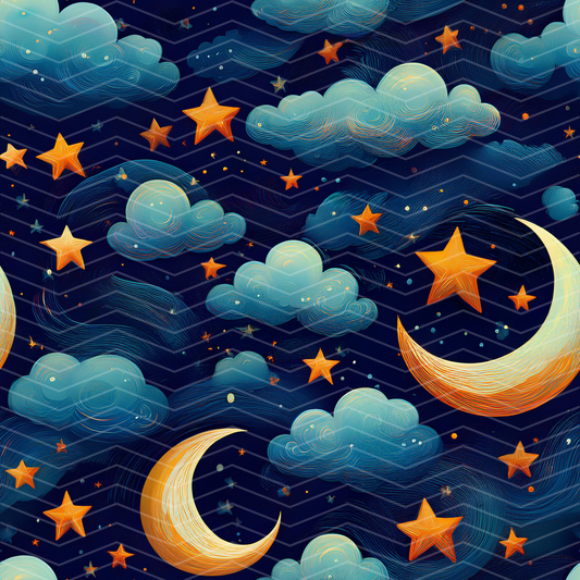 Moons, Stars and Clouds 1 Digital Seamless Pattern