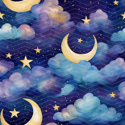 Moons, Stars and Clouds 2 Digital Seamless Pattern