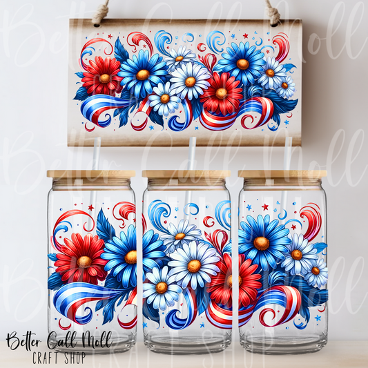 W153 - Patriotic Flowers UV DTF 16oz Tumbler Wrap