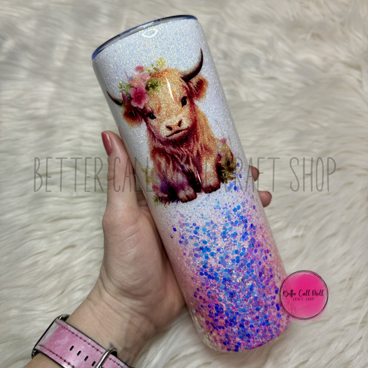 Highland Cow Pink Glitter Insulated Stainless Steel Coated Tumbler