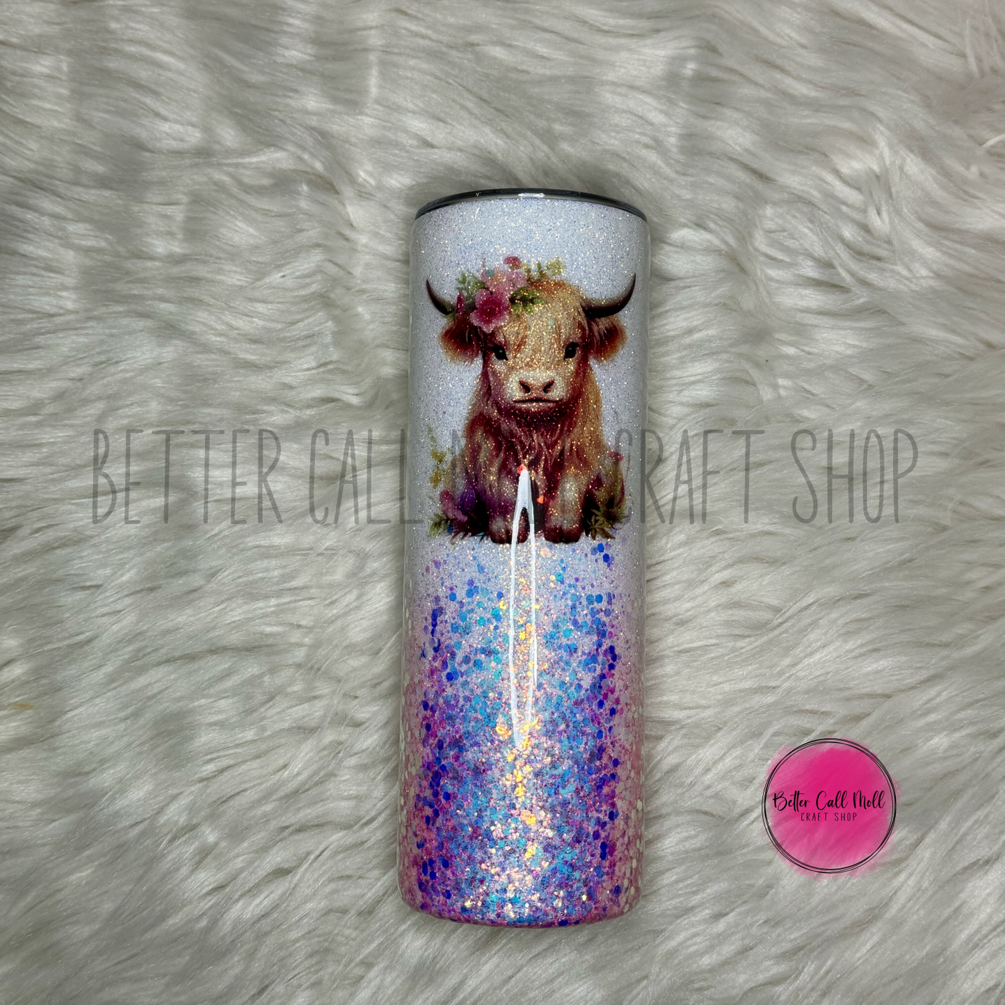 Highland Cow Pink Glitter Insulated Stainless Steel Coated Tumbler