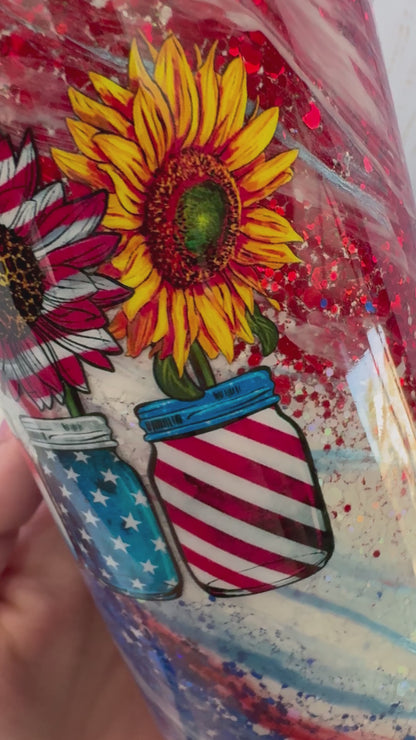 20oz Glitter Patriotic Sunflowers Insulated Stainless Steel Coated Tumbler