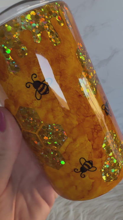 14oz Honeybee Glitter Peekaboo Insulated Stainless Steel Coated Tumbler