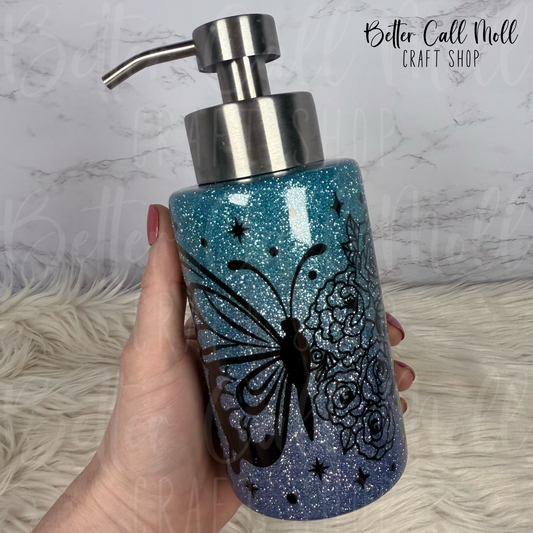 18oz Butterfly Glitter Stainless Steel Coated Pump Dispenser Bottle